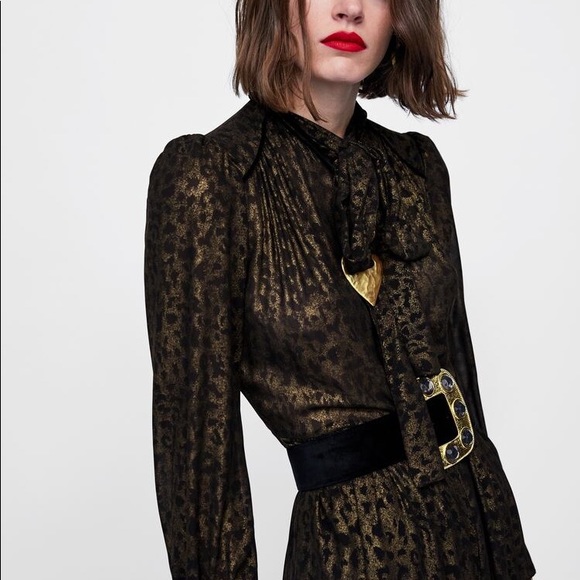 Zara Leopard Print Jumpsuit Ruffled Hem Bow Golden - Picture 7 of 8